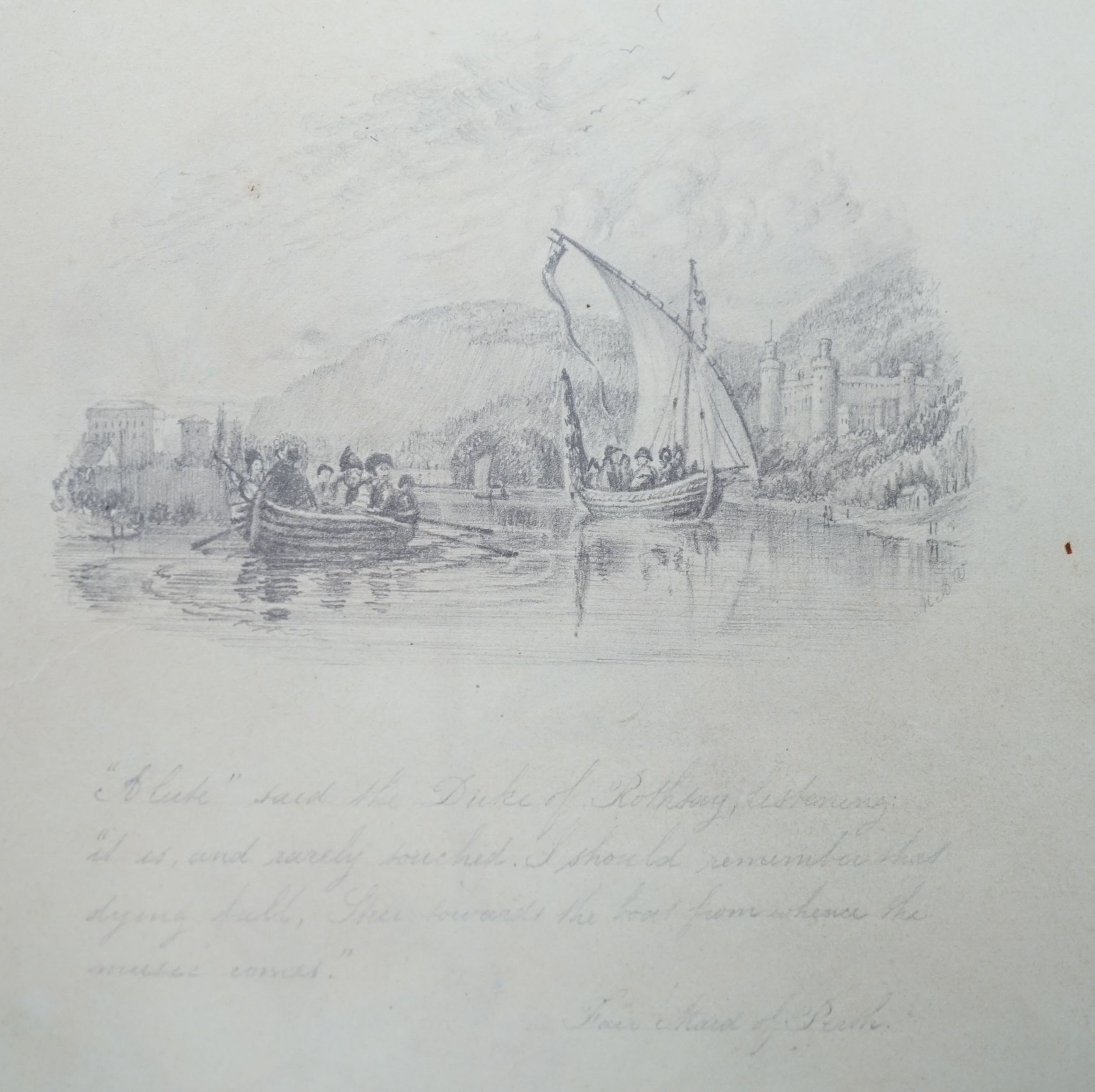 Mary Ann Vogan - an early 19th century album of 60 watercolours, pencil and ink drawings and engravings, including portraits, botanical specimens, land and seascapes, including 3 by R.C. Vogan, the front fly leaf inscrib